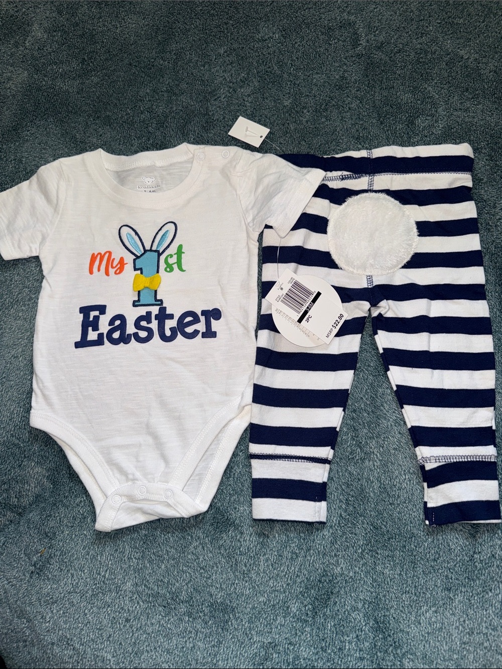 Koala Kids White Navy Blue My 1st Easter Bodysuit & Striped Leggings Set